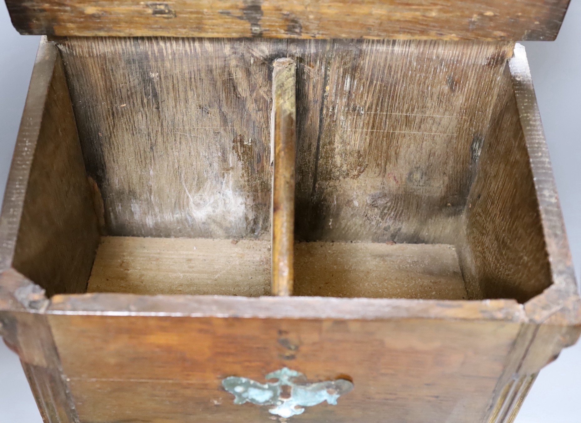 An 18th century and later oak spice cupboard, 53 cms high